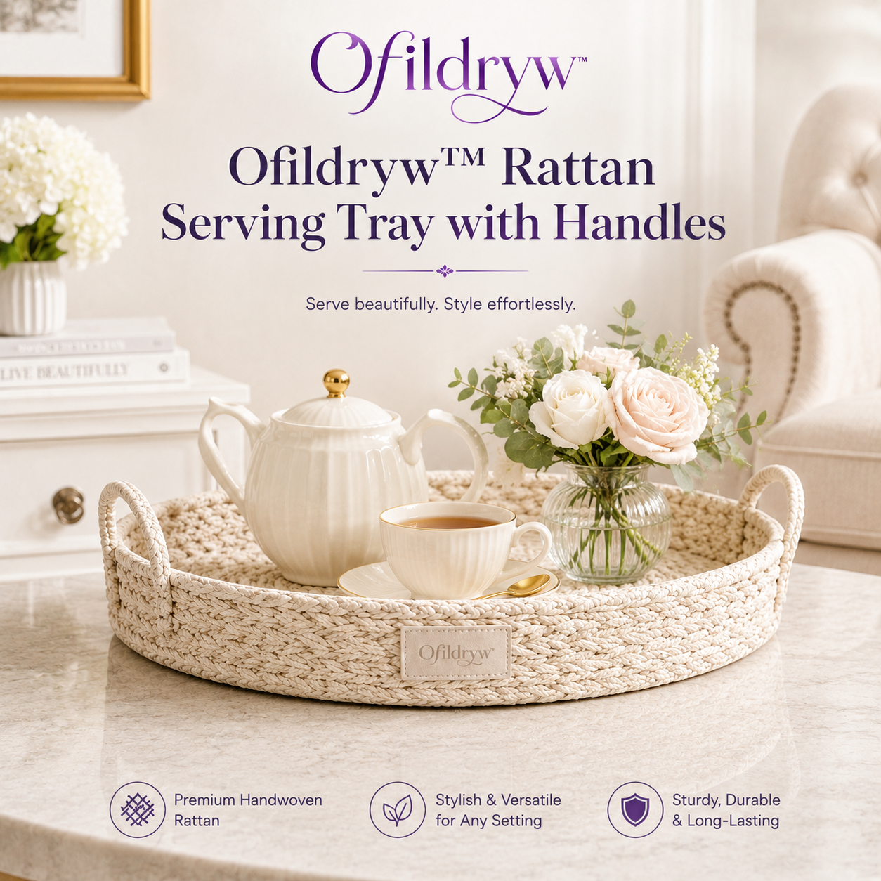 Ofildryw™ Rattan Serving Tray with Handles
